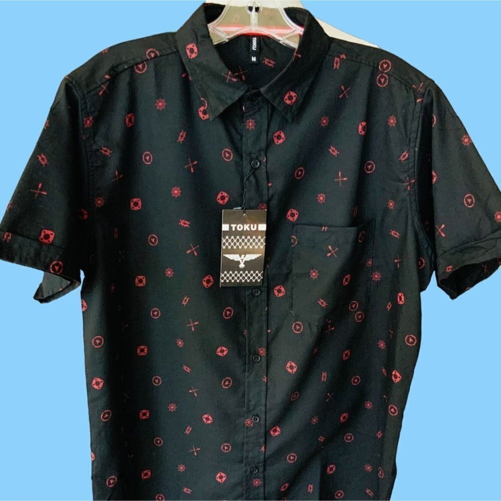 TOKU MENS COLLARED CUFFED SHORT SLEEVE BUTTON UP NAUTICAL THEMED SHIRT NWT M